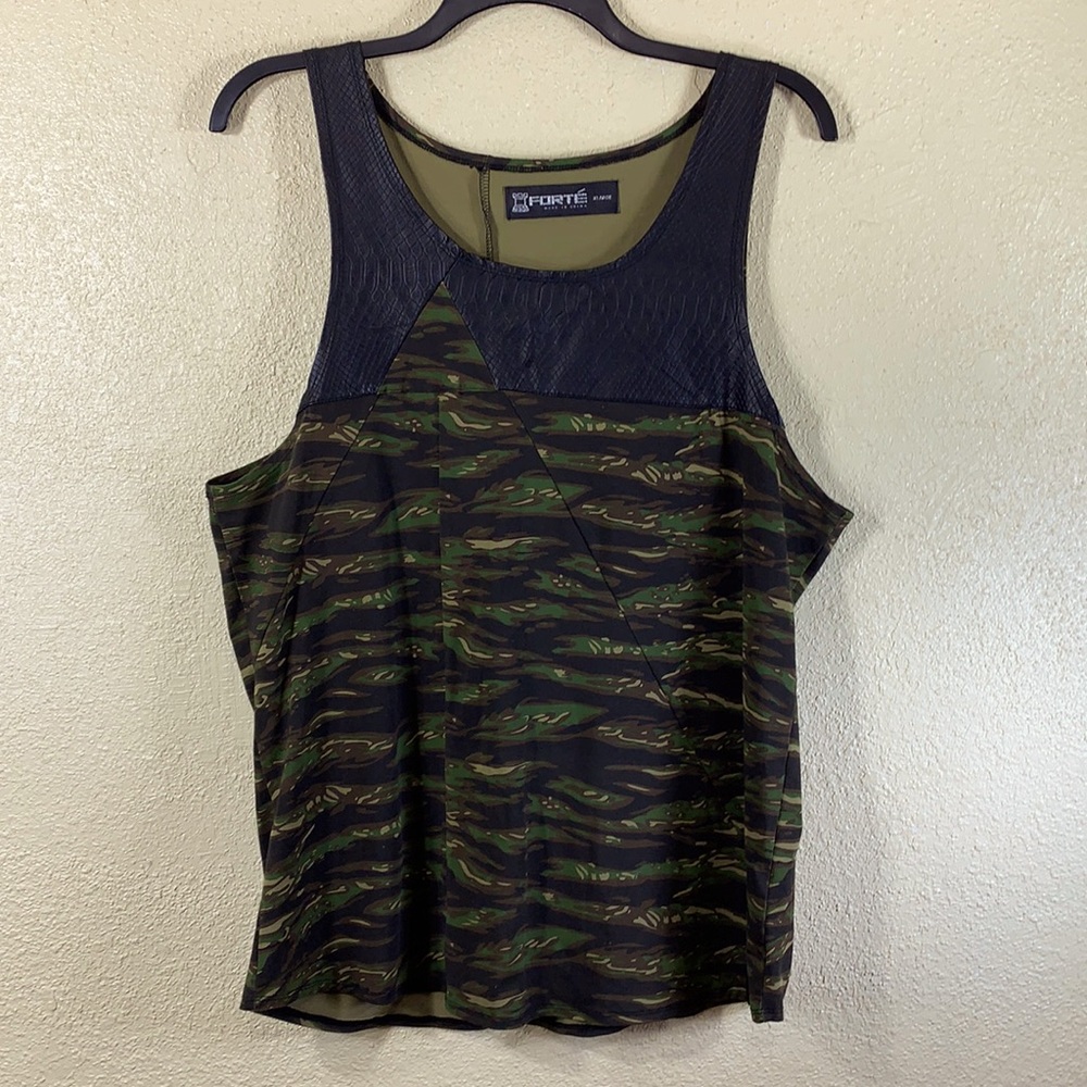 Forte Tank Top XL Camo Green Brown Pullover Soft Stretchy